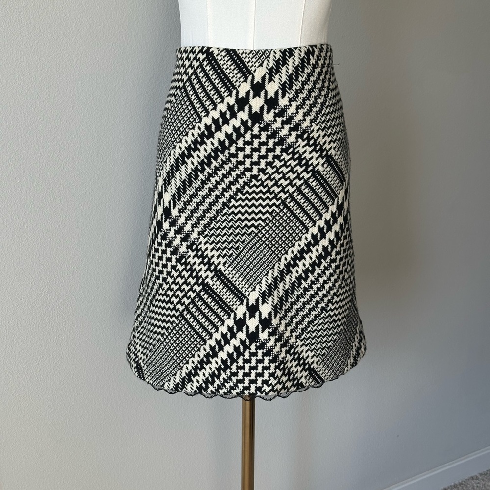 Kenneth Cole Geometric Print Wool Skirt, Scallop Hem with Black Lace Trim - 6